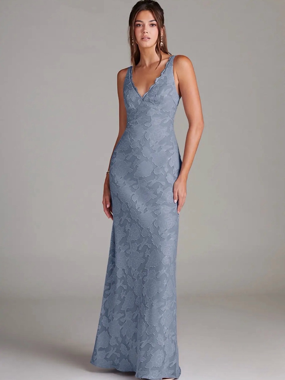 Azazie Lace V-Neck Maxi Dress in Slate Blue